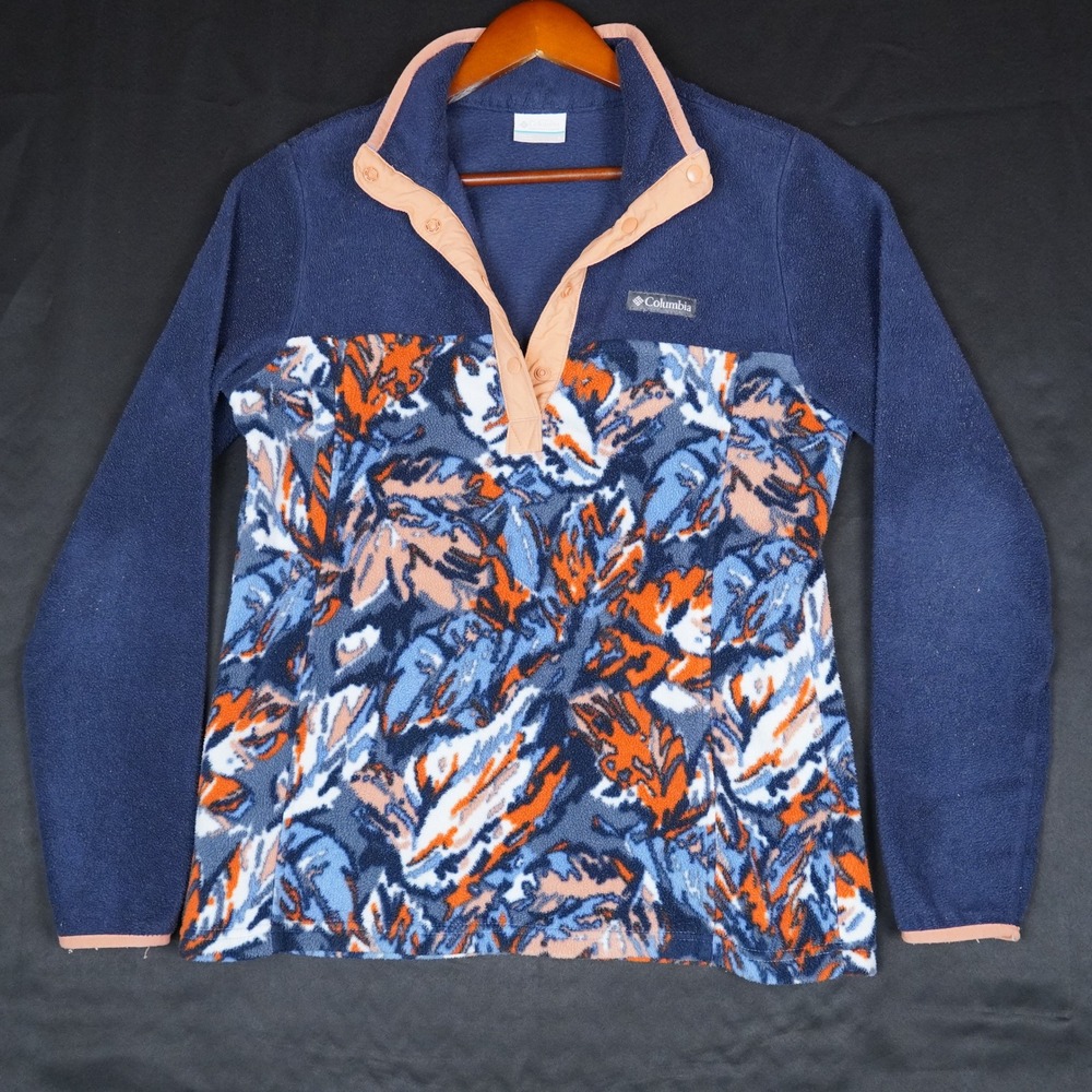Columbia Fleece Pullover Women Small Blue Orange Leaf Print Quarter Snap Neck